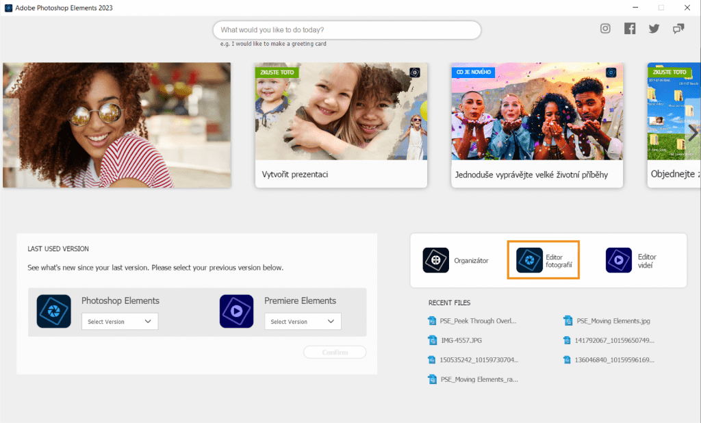 Adobe Photoshop Elements instalace launch screen
