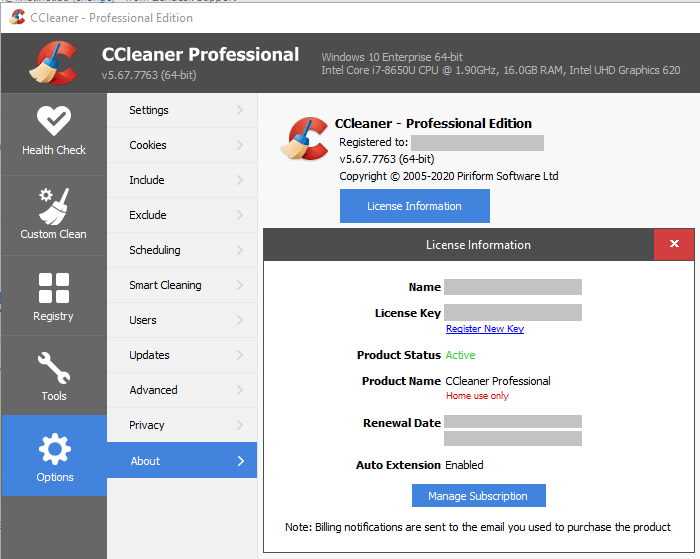 CCleaner informace o licenci