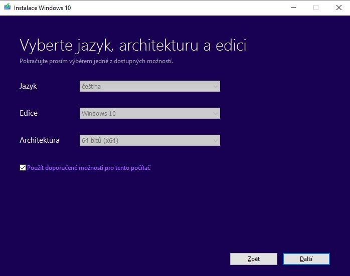 Instalace Windows 10 volba jazyka