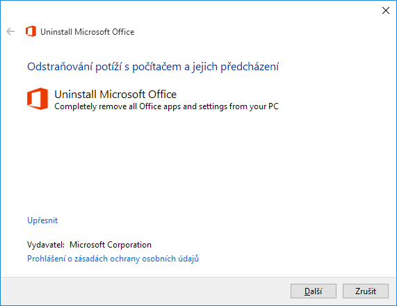 Odinstalace zbytkových souborů Microsoft Office.
