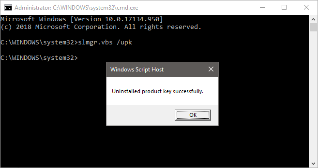 Windows klíč byl úspěšně odebrán v příkazovém řádku.