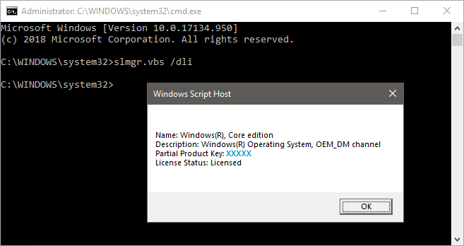 Status licenčního klíče Windows v příkazovém řádku.