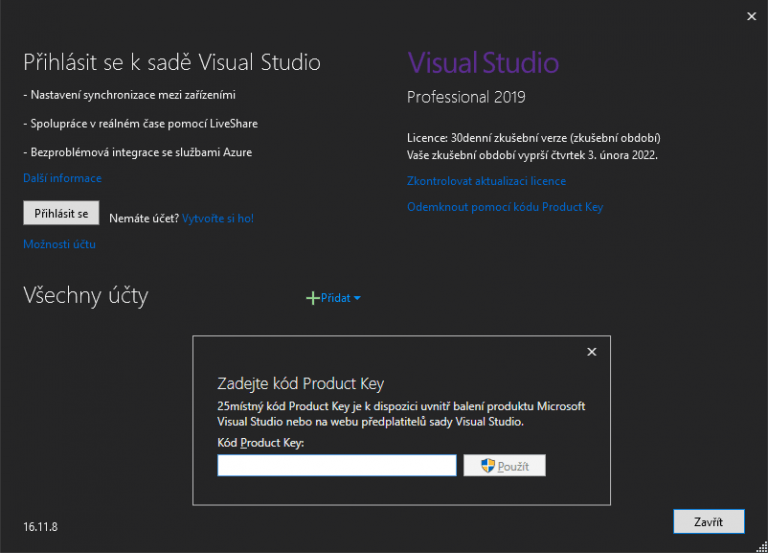 Visual Studio aktivace